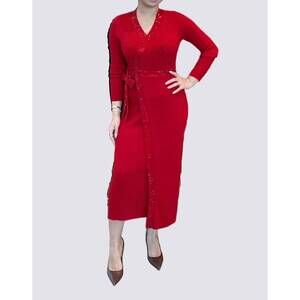 NEW JESSIE LIU rib knit wrapped dress with rhinestone trim in red